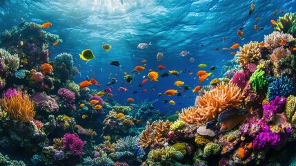 A breathtaking shot of a coral reef teeming with colorful fish in every direction.