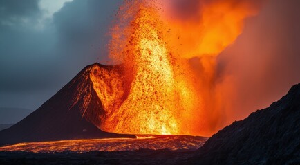 Fototapeta premium A dramatic volcano eruption with flowing lava and ash clouds.