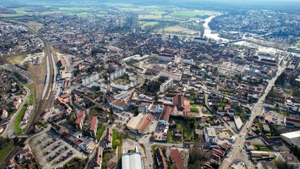 Aerial view of the city Dole in France on a sunny morning in early spring	
