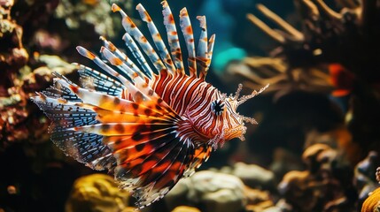 A bright red and orange lionfish spreading its elegant, spiky fins near a coral reef.
