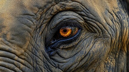 Fototapeta premium A close-up of an elephant's eye, highlighting the deep wrinkles and long eyelashes that give it a wise expression.