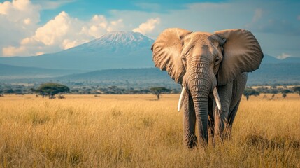 A close-up of an elephant with a breathtaking mountain range in the distance.