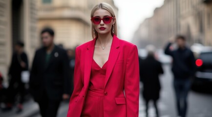 Obraz premium A fashionable model in a striking red suit on a city street.