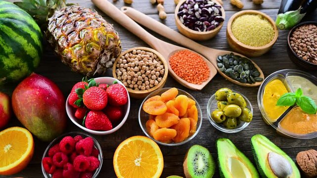 Food products representing the vegan diet. Veganism.
