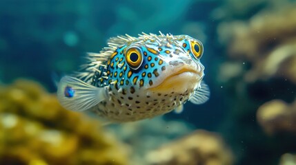 Obraz premium A close-up of a pufferfish with iridescent blue and yellow markings floating near the seabed.