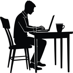 A silhouette illustration of a person sitting at a table, working on a laptop