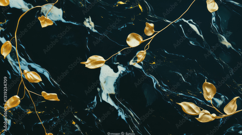 Aufkleber Glossy elegant pattern with golden leaves on dark abstract background for artistic design