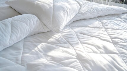 Elegant white bedspread with plush pillows, showcasing a serene and inviting bedroom atmosphere, perfect for interior design inspiration