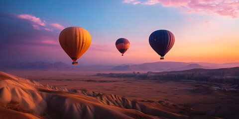Fototapeta premium Glowing Hot Air Balloons Floating Above an Expansive Landscape for a Dreamy Aerial View