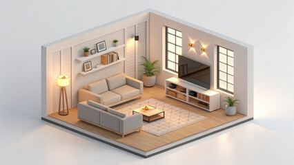 Modern living room with cozy sofa, TV unit, and decorative plants, creating warm and inviting atmosphere. Perfect for relaxation and entertainment