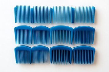 Blue plastic hair combs arranged uniformly on a white surface