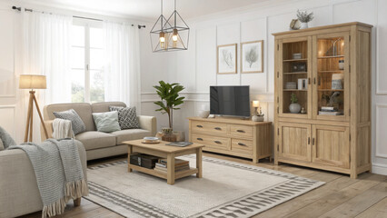 cozy living room featuring comfortable sofa, wooden furniture, and stylish decor. space is brightened by natural light, creating warm and inviting atmosphere