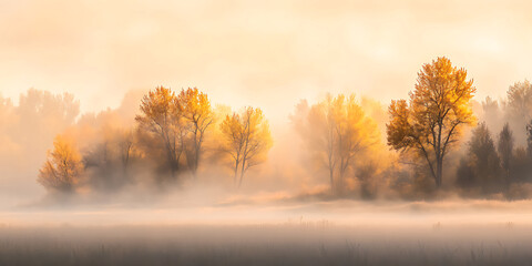 Fototapeta premium Foggy Morning with Golden Sun Rays Breaking Through for Landscape Photography, Seasonal Art, or Tranquil Atmosphere Design