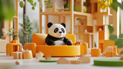 Panda Relaxing on Orange Sofa in Playroom © Nurul