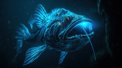 A deep-sea anglerfish glowing in the dark ocean depths, its bioluminescent lure attracting prey.