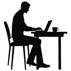 A silhouette illustration of a person sitting at a table, working on a laptop