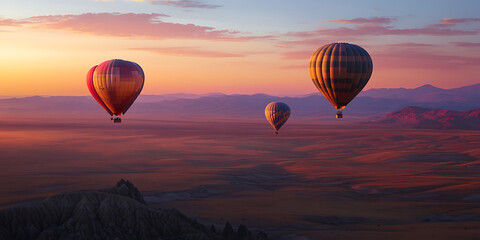 Naklejka premium Glowing Hot Air Balloons Floating Above an Expansive Landscape for a Dreamy Aerial View