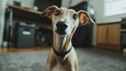 Curious lurcher dog staring with big eyes at home