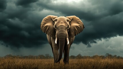 Fototapeta premium A dramatic portrait of an elephant standing against a stormy sky, with dark clouds rolling in.