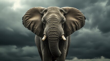 Fototapeta premium A dramatic portrait of an elephant standing against a stormy sky, with dark clouds rolling in.