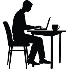 A silhouette illustration of a person sitting at a table, working on a laptop