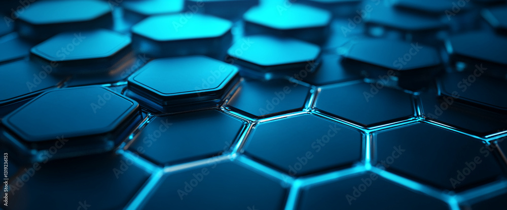 Poster Close-up of dark-blue hexagonal pattern, glossy surface, reflecting light, creating a technological and modern appearance, ideal for digital backgrounds