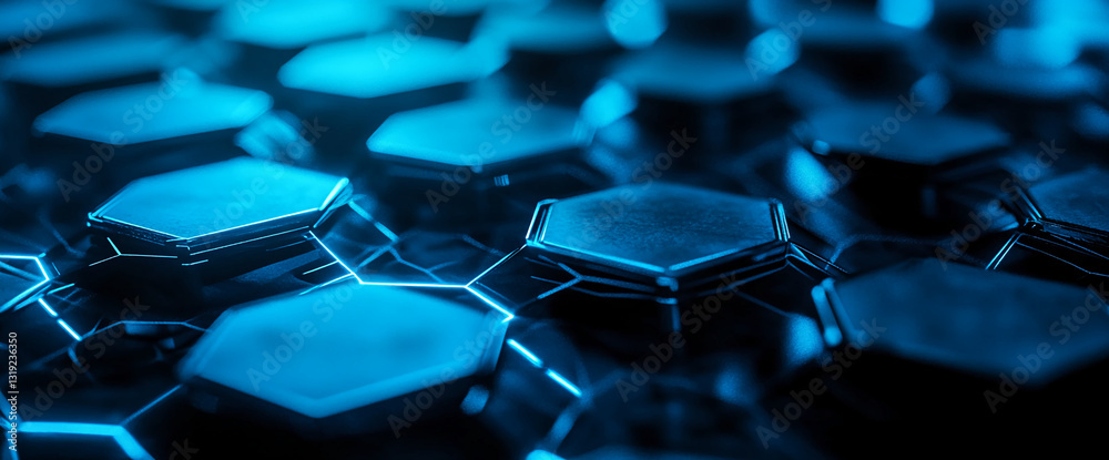 Poster close-up of dark blue hexagonal structures, illuminated with bright blue light, creating a technolog