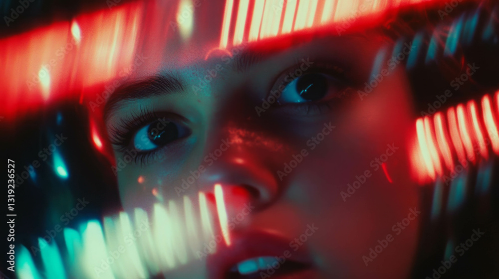 Poster Futuristic neon portrait with intricate light patterns and intense gaze