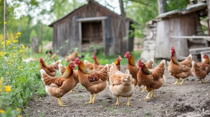 Fototapeta premium A flock of chickens pecking at the ground in a free-range farmyard, with a rustic wooden coop in the background.