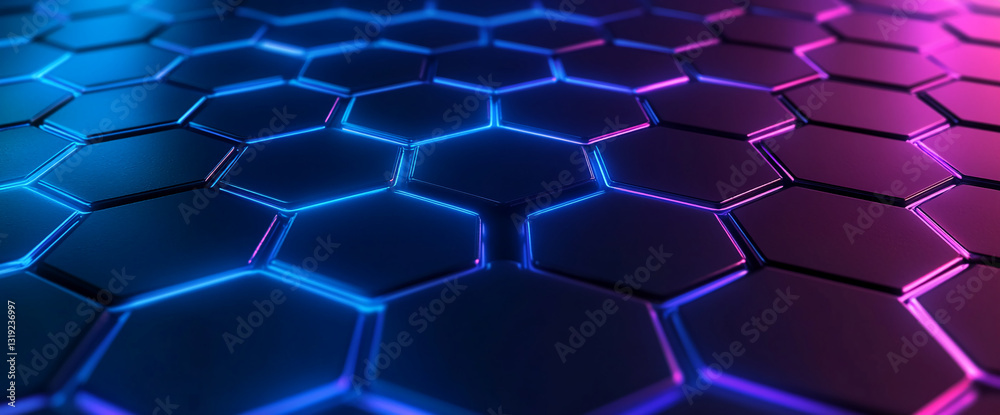 Poster abstract hexagon pattern with blue and purple neon lights, creating a futuristic and technological b