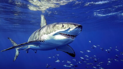 Fototapeta premium A great white shark cruising through the ocean depths, surrounded by small fish.
