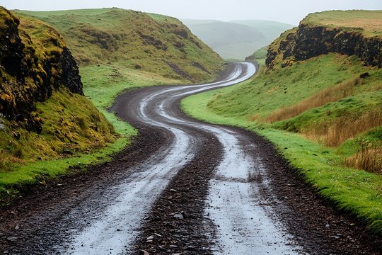 A wet winding dirt road through green grassy hills - Powered by Adobe