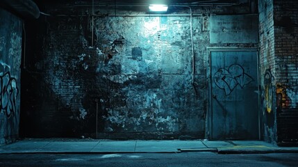 Empty dark urban alley at night with graffiti and metal door. Grungy decaying brick wall in a dark alley at night, illuminated by a single overhead light