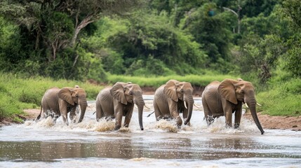 Naklejka premium A group of elephants crossing a shallow river, splashing water as they make their way to the other side.