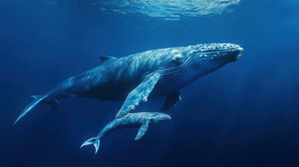 Fototapeta premium A heartwarming moment of a baby blue whale following closely beside its mother in the deep ocean.