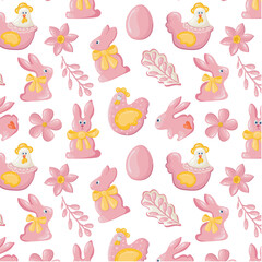 Happy Easter pattern of lovely pink elements from eggs, bunnies, chickens, flowers, twigs, cakes and bows. Vector Easter holiday seamless background for designing a card and invitation to a holiday.