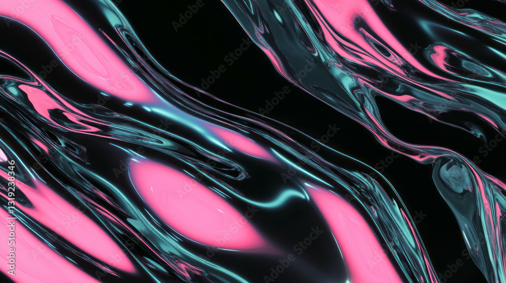 Poster Nostalgic abstract overlay texture with fluid neon swirls on black background