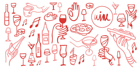Isolated vector set of wine and alcoholic beverage glasses and tumblers. Hand drawn sketch.Red and black drawing on white background.Cocktails, martini, whiskey, cognac. Wine appetisers, cheese