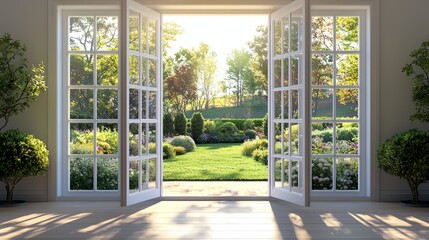 Fototapeta premium Bright Open Doors Leading to a Serene Garden with Lush Greenery and Sunlight