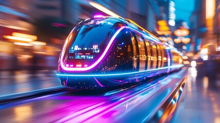 Sleek Futuristic Train Pod Glides Through Urban Landscape with Motion Blur and Vibrant Neon Accents During Twilight