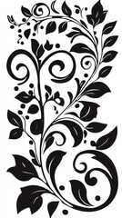 Monochrome botanical pattern developing intricate spirals with organic leaf elements