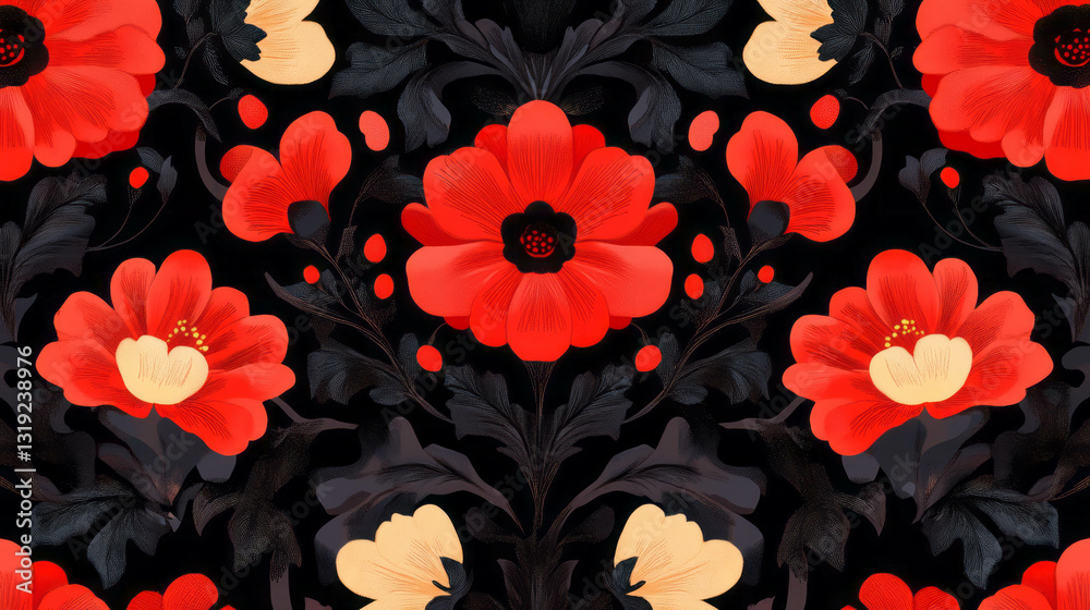Poster elegant floral pattern with red and black motifs for design projects
