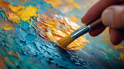 Fototapeta premium Artistic Brushstrokes: Capturing the vibrant dance of colors as a hand delicately guides a brush, bringing life to a canvas filled with artistic expression. 