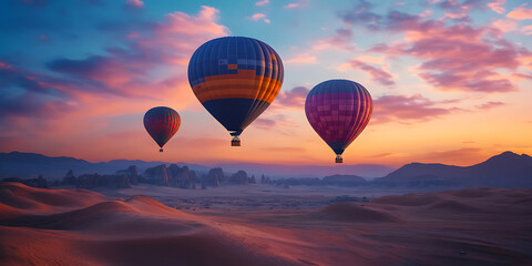 Obraz premium Glowing Hot Air Balloons Floating Above an Expansive Landscape for a Dreamy Aerial View