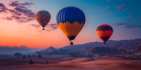 Naklejka premium Glowing Hot Air Balloons Floating Above an Expansive Landscape for a Dreamy Aerial View