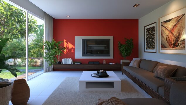 Modern living room with red accent wall, large windows, and brown sofa.