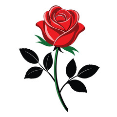 Fototapeta premium A silhouette illustration of a rose flower with a stem and leaves on a white background 