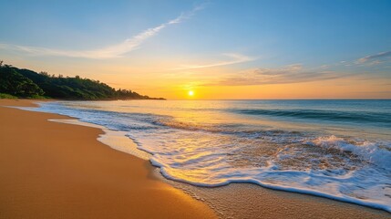 A beautiful beach scene with sunset reflecting on the ocean