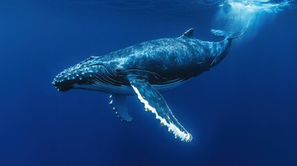 Naklejka premium A majestic humpback whale swimming gracefully through the deep blue ocean, its massive body moving effortlessly.