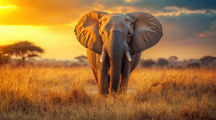 A majestic wild elephant walking through the African savanna at sunset, with golden light casting a warm glow on its wrinkled skin.